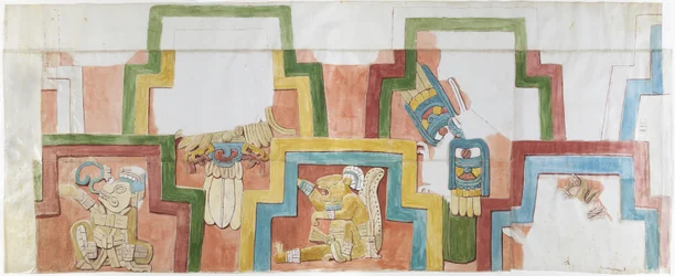 Copia en acuarela de la fachada de estuco del templo en la pirámide de Acanceh. Dos filas de figuras dentro de un marco escalonado. Figuras 1-5