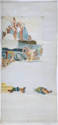 Acuarela sobre papel tipo lino, Calco de mural de una bóveda en una gran cámara, Casa de las Monjas, Chichén Itzá, México (acuarela y gouache)