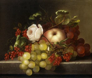 Naturaleza muerta con durazno, uvas y escaramujos, 1865