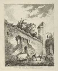 Vista de un antiguo castillo situado en el camino de Roma a Nápoles de Differentes vue..., siglo XVIII
