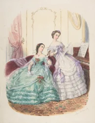 Estudio de moda: dos mujeres en vestido de noche, ca. 1860
