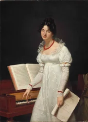 Retrato de una dama de pie junto a un piano forte sosteniendo un manuscrito