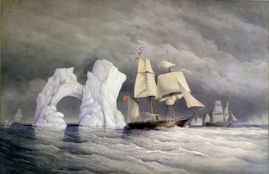 Los buques británicos Phoenix, Talbot y Diligence cruzan un iceberg (Ártico canadiense). Acuarela (58x88 cm), por Edward Augustus Inglefield (1820-1894)