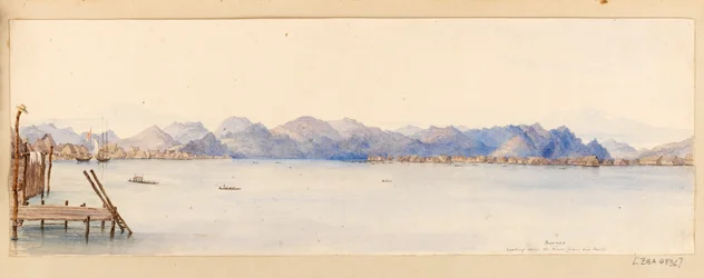 Borneo- Looking down the River from our house from West Indies, North American and Borneo scrapbook, c.1845 (Acuarela)