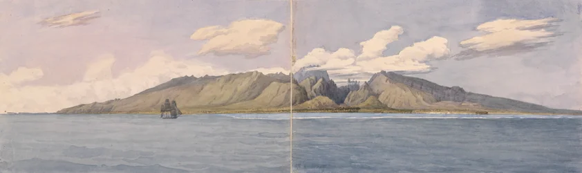 Tahití [Islas de la Sociedad]. El barranco de Fautaua - Montaña de la Corona o Diadema en el centro de la isla, y la ciudad de Papeiti, 24 de agosto de 1849".