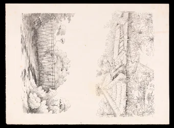 Aldea de la tribu Stang, Sarawak, Borneo; y un puente de palos sobre un río de West Indies, North American and Borneo scrapbook, c.1845 (litografía)