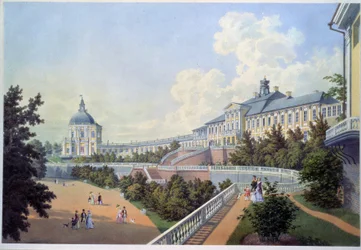 El gran Palacio de Oranienbaum (residencia real de Rusia), situado en Lomonossov, en la aglomeración de San Petersburgo. Pintura de Adolf Bezemann (1806-1867). Acuarela sobre papel