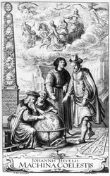 Frontispicio de Machina Coelestis de Johannes Hevelius, grabado por Jeremias Falck, 1673