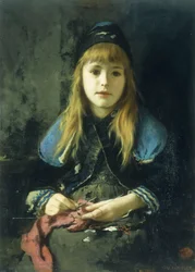 Una niña tejiendo