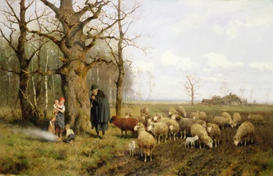Niños con pastor y ovejas en un paisaje (óleo sobre lienzo)