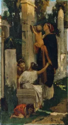 Escena de cementerio antiguo (mujer con niños decorando una tumba)