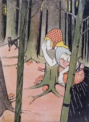 Caperucita Roja ve al Lobo en el Bosque, ilustración de Jugend publicada en Múnich 1896
