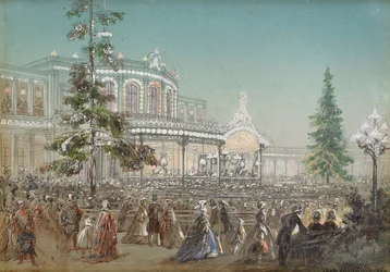 ""Celebración del 25 aniversario del ferrocarril Tsarskoe Selo en la sala de conciertos de la estación de tren de Pavlovsk"" de Adolf Charlemagne (1826-1901), Gouache sobre cartón