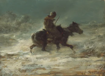 Hombre con lanza cabalgando por la nieve