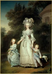 Retrato de cuerpo entero de la Reina de Francia María Antonieta con María Teresa o Madame Royale y el primer Delfín Luis José Javier Francisco o Luis de Francia paseando por los jardines del Trianón
