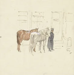 Hombre con dos caballos delante de un edificio