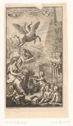 Representación alegórica con la mujer que escribe, los bustos, Pegaso y Apolo
Título de la página para: Cornelis Sweerts, Alusiones poéticas, 1736
