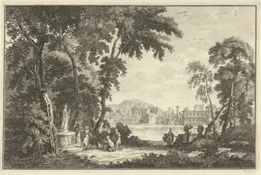 Paisaje del río Arcadian con figuras adorando una estatua Paisajes italianos y alemanes (título de la serie)