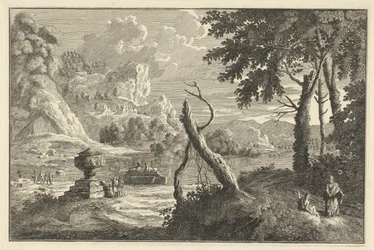 Paisaje del río Arcadian con árbol roto Paisajes italianos y alemanes (título de la serie)