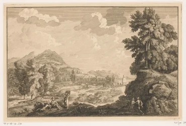 Paisaje fluvial de Arcadia con pastores y una mujer con un cesto de ropa sucia Paisajes italianos y alemanes (título de la serie)