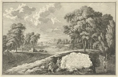 Paisaje del río Arcadian con mujer y niño. Impresión de título para: Treinta piezas de paisajes del zoológico en Italia como Duytslandt Paisajes italianos y alemanes (título de la serie)