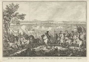 Relieve de Turín, 1706 La ciudad de Turín, profanada por el duque y el príncipe de Saboya el 7 de septiembre de 1706 (título sobre objeto)