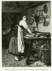 Preparación de fideos. Grabado por Hildibrand, para ilustrar la historia A través de Alsacia y Lorena, en 1887, por Charles Grad, diputado alemán, en le tour du monde 1888, dirigido por Edouard Charton (1807-1890), Hachette, París.