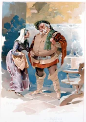 Acto III de la ópera de Giuseppe Verdi “Falstaff”: Falstaff y Quickly (“Voi le stregate tutte...”). Ilustración de Hohenstein. Museo Teatrale alla Scala, Milán 1893