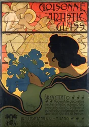 Cartel publicitario para Cloisonne Glass, con una escena de la natividad