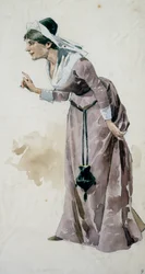 Boceto de vestuario de Adolf Hohenstein (1854-1928) para el estreno de la ópera Falstaff, de Giuseppe Verdi (1813-1901), representada en el Teatro de la Scala de Milán, el 9 de febrero