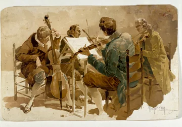 Cuatro músicos Tres violinistas y un violonchelista. Cartel de Adolfo Hohenstein (1854-1928) Dim. 293x454 cm Colección privada