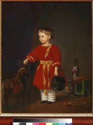 ""Retrato de un niño con un vestido rojo con juguetes militares"" (Retrato de un niño con un vestido rojo con juguetes militares) Pintura de Adolf Jebens (1819-1888) 1849 Museo de arte y juguetes pedagógicos, Sergiyev Posad