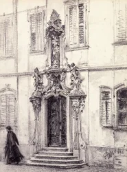 Un hombre descendiendo la escalera de un edificio decorado con un portal barroco, 1884