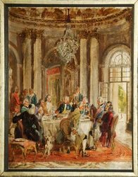 La Mesa Redonda de Federico II de Prusia (1712-1786) con Voltaire (Francois-Marie (Francois Marie) Arouet de Voltaire (1694-1778) y Christoph Ludwig von Stille (1696-1752) en el Palacio Sanssouci - Boceto de Adolph Friedrich von Menzel (1815-1905), óleo