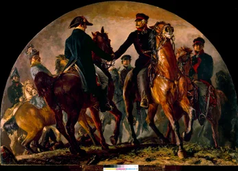 Encuentro de Gebhard Leberecht von Blucher (1742-1819) y Arthur Wellesley Wellington (1769-1852), en la Batalla de La Belle Alliance (1815). Pintura de Adolf Menzel (1815-1905)