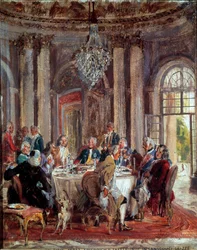 La mesa redonda de Federico II de Prusia (1712-1786) con Voltaire (François Marie) Arouet de Voltaire (1694-1778) y Christoph Ludwig von Stille (1696-1752) en el Palacio de Sanssouci