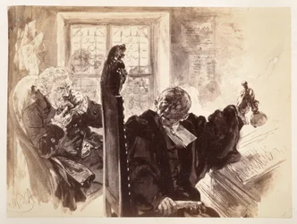 Adán, sentado en el sillón del juez, agita la campanilla; a su derecha, detrás de él, se sienta el consejero judicial y toma una pizca de rapé, para "El cántaro roto" de Heinrich von Kleist