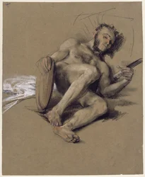Estudio de desnudo: hombre barbudo recostado en el suelo, a la izquierda, con espada y escudo en las manos; estudio para el discurso con motivo de la mayoría de edad del príncipe heredero en 1850