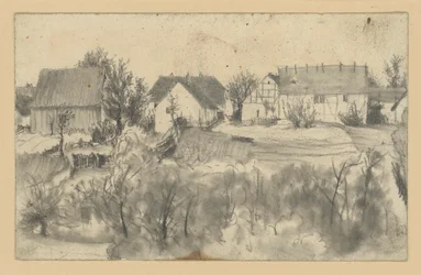 Vista de graneros y casas de campo, con árboles bajos y matorrales en primer plano