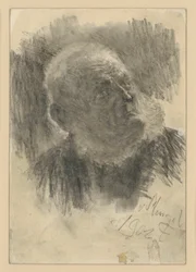 Retrato de busto de un anciano con gorra de albañil, mirando hacia arriba a la derecha