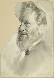 Retrato de busto de un hombre barbudo mirando hacia la izquierda