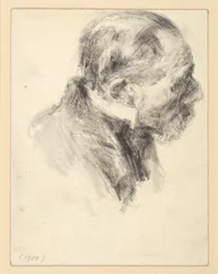 Retrato de busto de un hombre mayor barbudo con cuello alto, inclinado hacia delante, mirando a la derecha