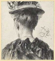 Busto de una mujer con sombrero, visto de espaldas
