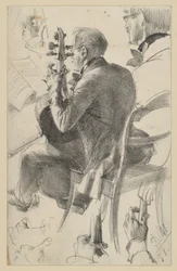 Violonchelista hacia la izquierda, visto medio de espaldas. Estudios de cabeza y manos. Estudio preparatorio para la pintura "Concierto de flauta de Federico el Grande en Sanssouci"