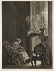 Ensayo sobre piedra con pincel y raspador: Mujer leyendo junto a la chimenea, 1851