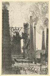 Plaza de fábrica con chimeneas humeantes (Königshütte?)
