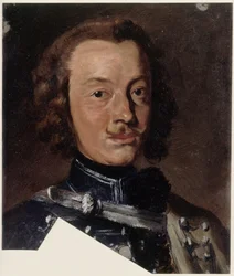Friedrich Wilhelm barón von Seydlitz-Kurzbach, general de caballería prusiano, jefe de escuadrón del Regimiento de Húsares n.º 4, (en la parte inferior de la imagen, detalle del cordonaje del dolmán); cabeza hacia la derecha, mirando al frente