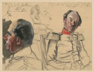 General de infantería Eduard von Peucker, 1. Estudio de cabeza, de perfil hacia la izquierda; 2. Retrato de busto ligeramente hacia la derecha, con la mirada hacia la izquierda; entre ambos, estudio de cabeza, de perfil hacia la derecha; estudios de Porzrä