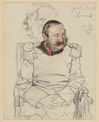 El teniente general von Kumowski, retrato hasta las rodillas, sentado de frente, con la cabeza inclinada hacia la izquierda, a la izquierda: estudio de cabeza de perfil hacia la izquierda, estudio de retrato para «La coronación de Guillermo I en