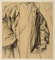 Heinrich von Kleist, El cántaro roto: estudio de modelo de un oficial con abrigo, cabeza no representada, figura de medio cuerpo con sombrero en la mano izquierda y bastón en la derecha
